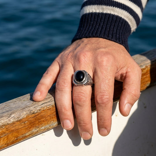Chevalière Homme Onyx Ovale Méandre Grec Argent 925