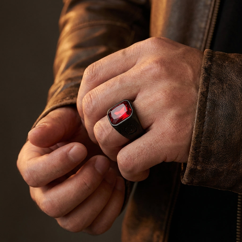Chevalière pierre rouge noire, portée, manche de cuir