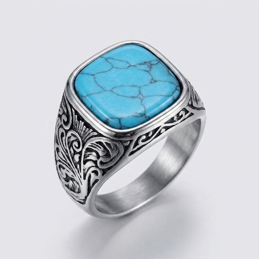 Chevalière turquoise ciselée, argent, vue trois quarts