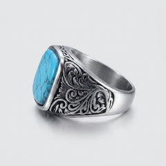 Chevalière turquoise ciselée, vue de profil