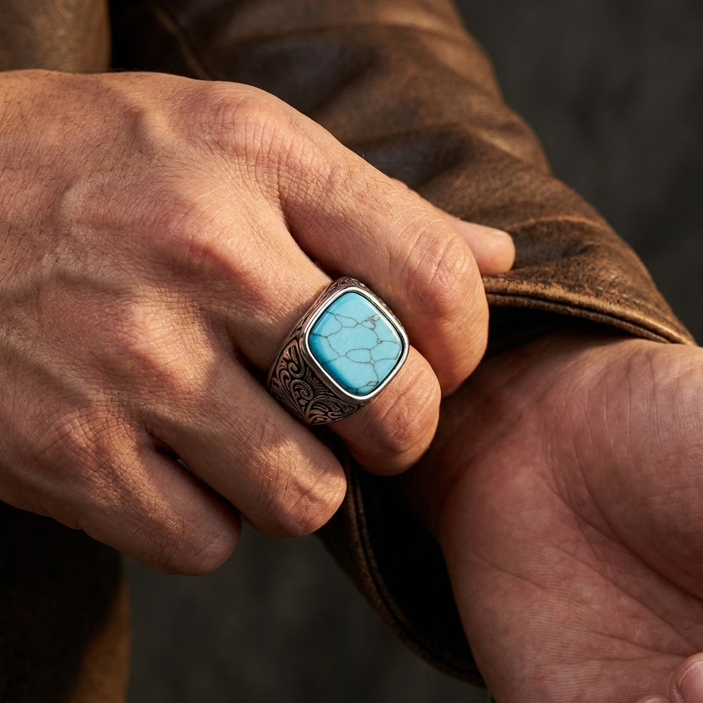 Chevalière turquoise ciselée portée, manche de cuir