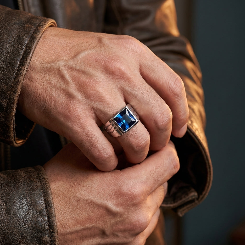 Chevalière pierre bleue argent, portée, manche de cuir