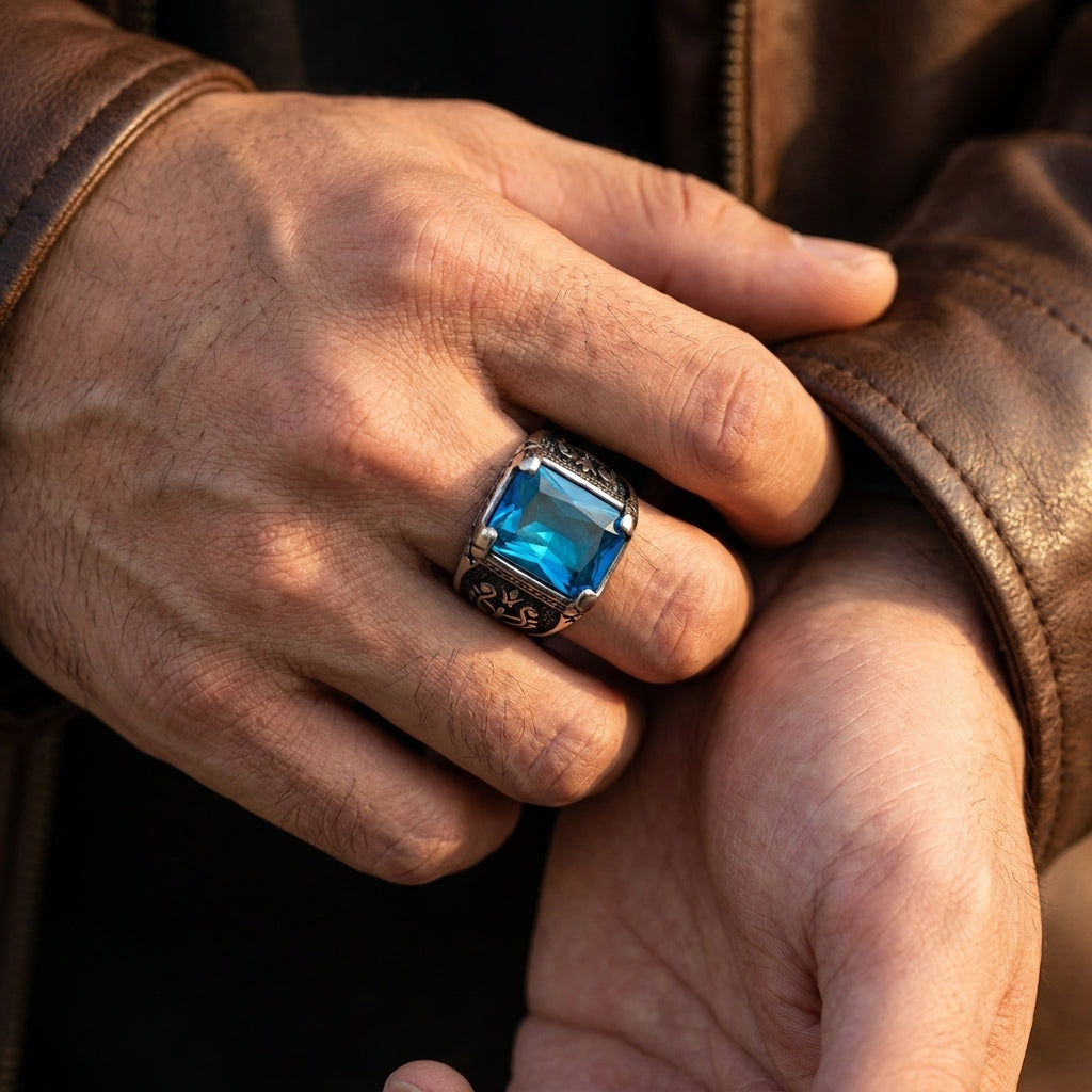 Chevalière pierre bleue gothique, portée, manche de cuir