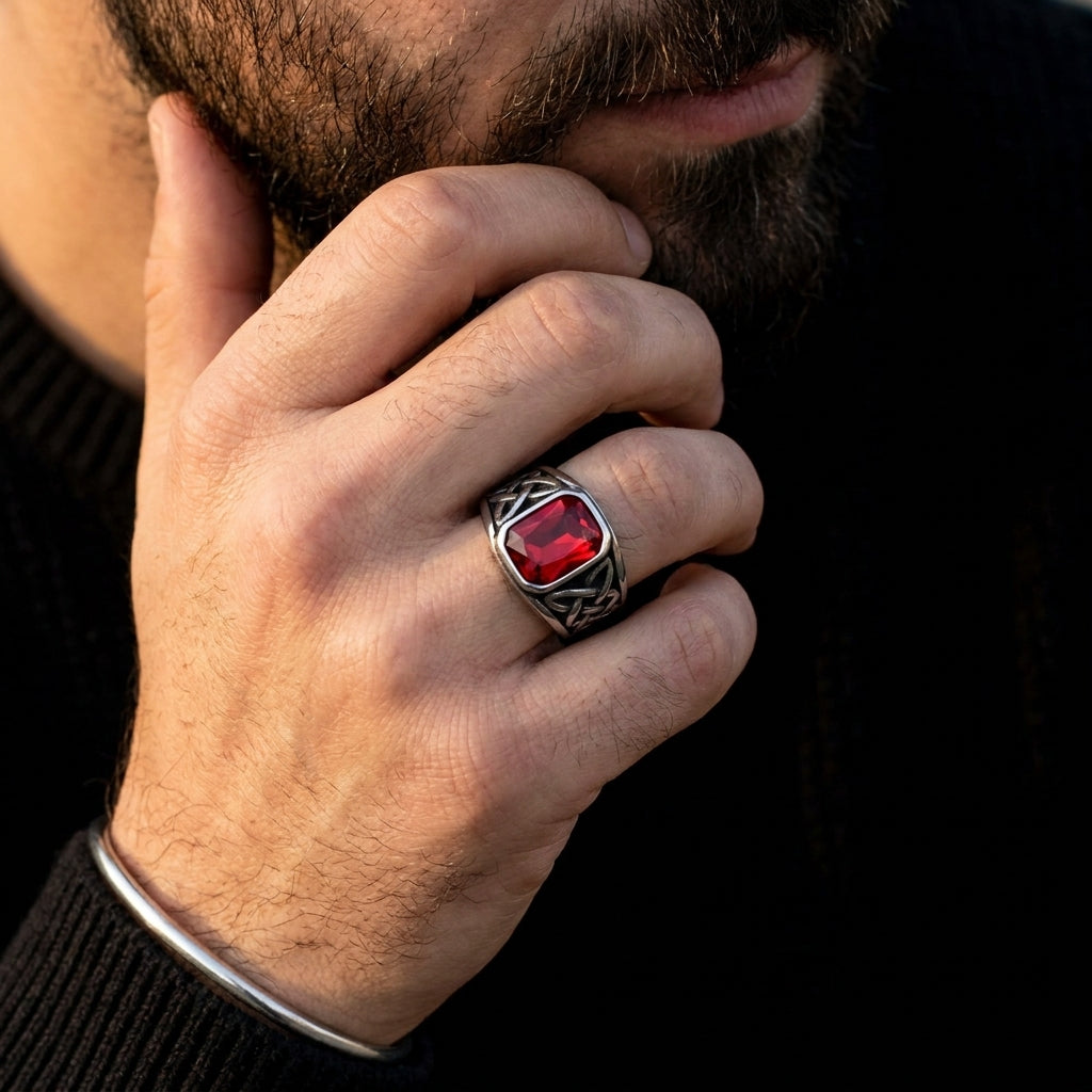 Chevalière noeud celtique pierre rouge, portée, main contre le visage