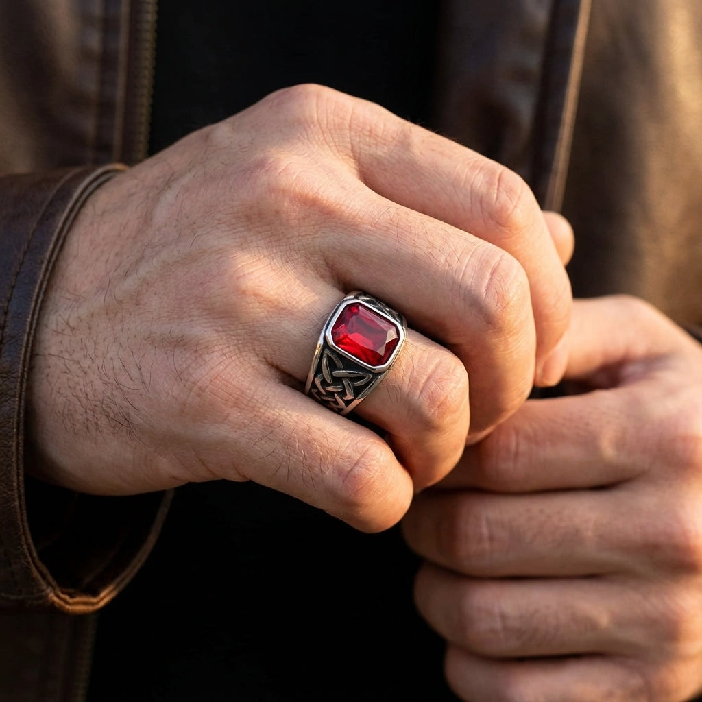 Chevalière noeud celtique pierre rouge, portée, manche de cuir