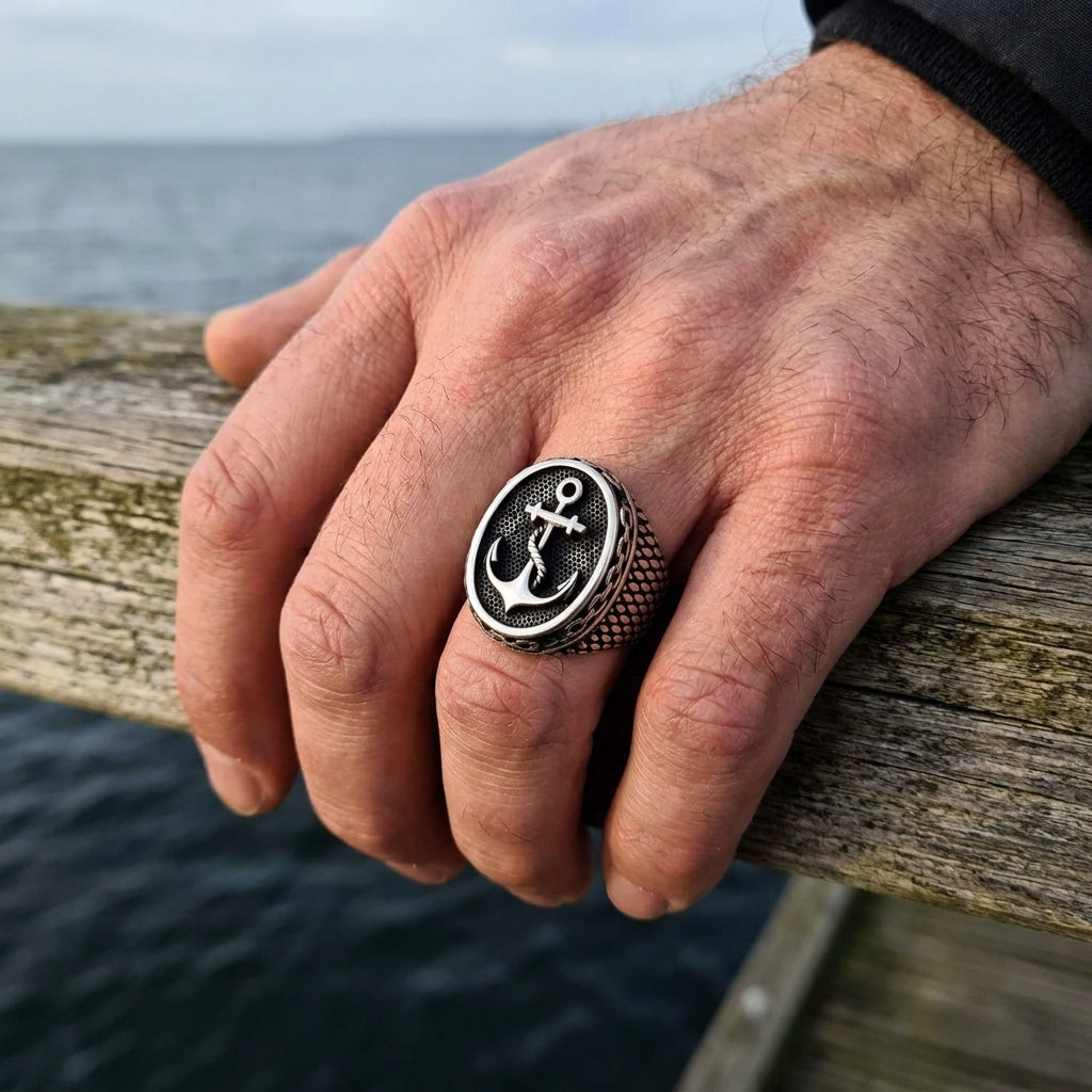Chevalière Ancre Marine Acier