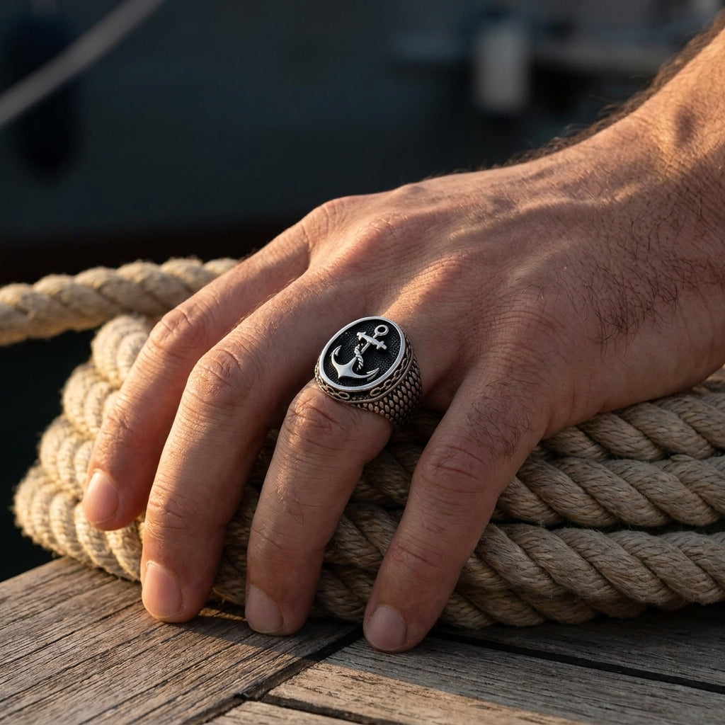 Chevalière Ancre Marine Acier