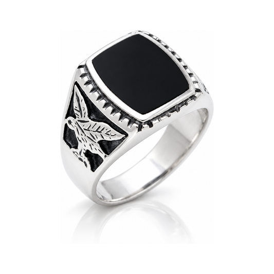 Chevalière Homme Onyx Aigle Argent 925