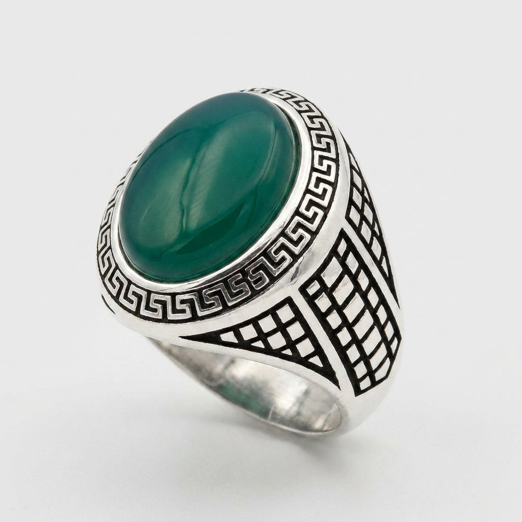 Chevalière Homme Agate Verte Méandre Grec Argent 925