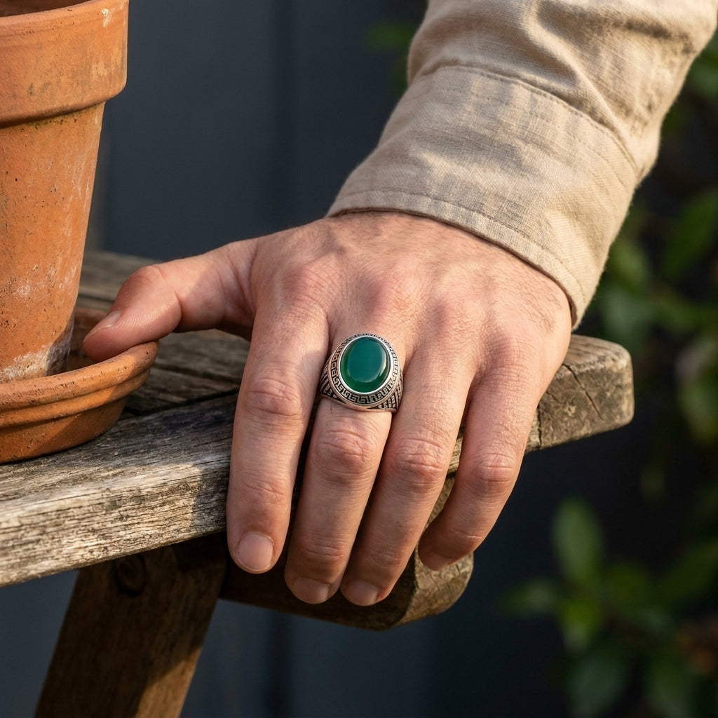 Chevalière Homme Agate Verte Méandre Grec Argent 925