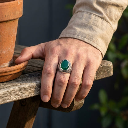 Chevalière Homme Agate Verte Méandre Grec Argent 925