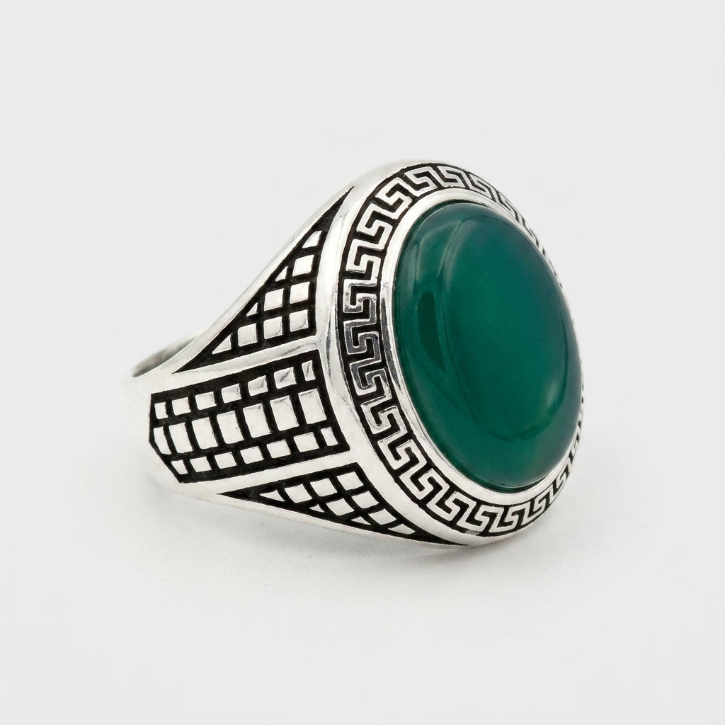 Chevalière Homme Agate Verte Méandre Grec Argent 925