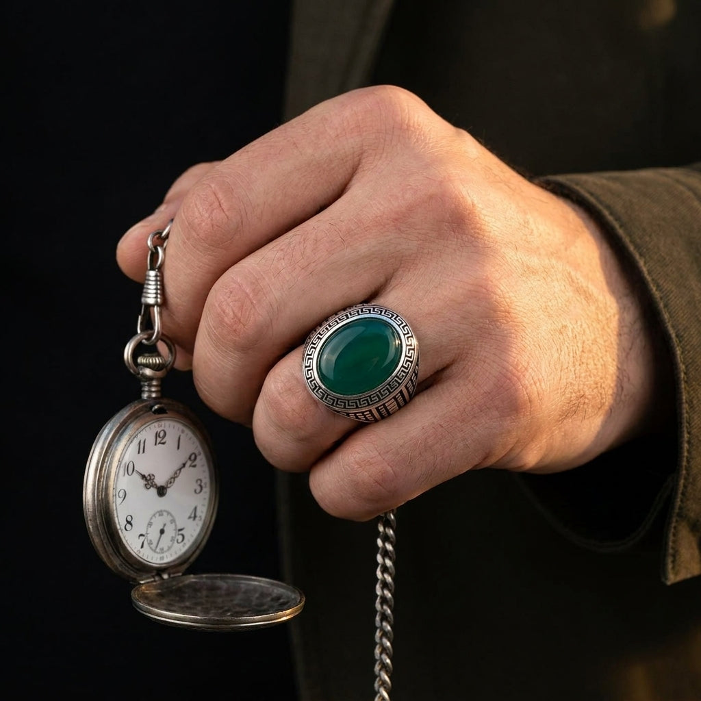 Chevalière Homme Agate Verte Méandre Grec Argent 925