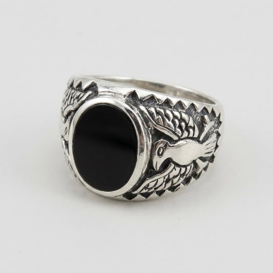 Chevalière Homme Onyx Ovale Aigle Argent 925