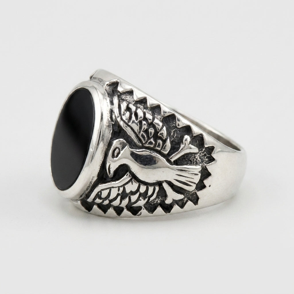 Chevalière Homme Onyx Ovale Aigle Argent 925