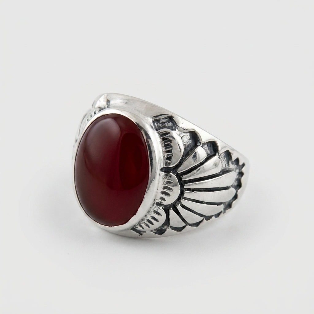 Chevalière Homme Cornaline Ovale Plume Amérindienne Argent 925