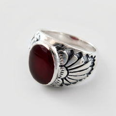 Chevalière Homme Cornaline Ovale Plume Amérindienne Argent 925