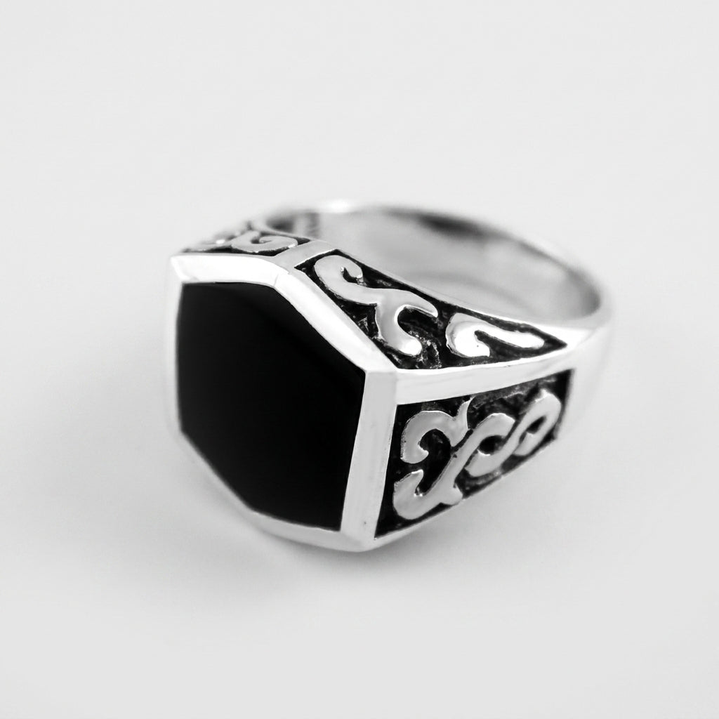 Chevalière Homme Onyx Hexagonale Celtique Argent 925