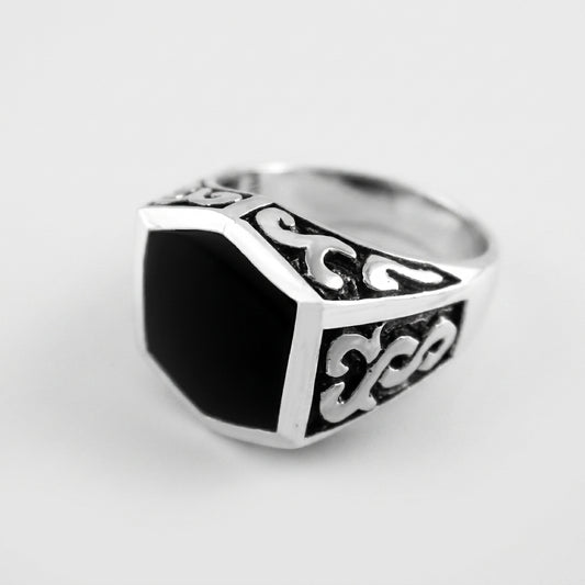 Chevalière Homme Onyx Hexagonale Celtique Argent 925