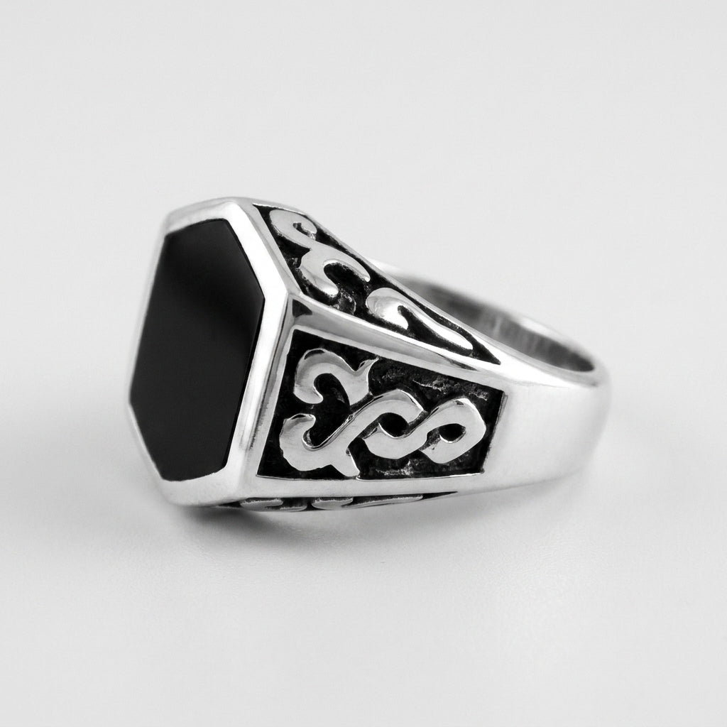 Chevalière Homme Onyx Hexagonale Celtique Argent 925