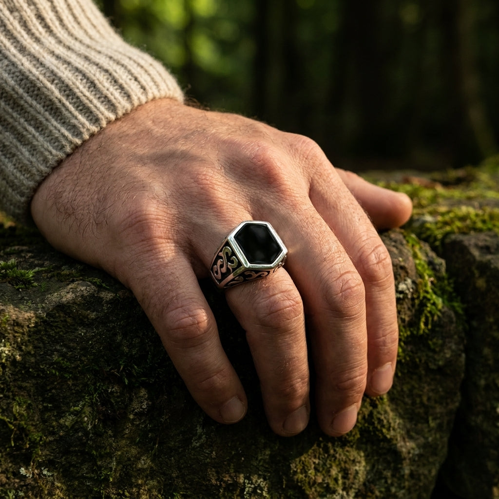 Chevalière Homme Onyx Hexagonale Celtique Argent 925