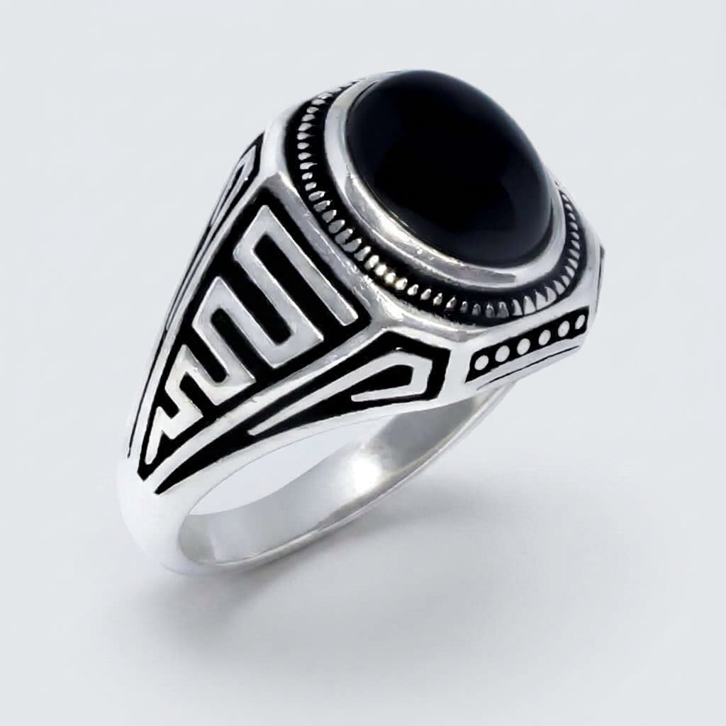 Chevalière Homme Onyx Ovale Méandre Grec Argent 925