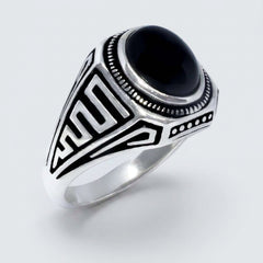 Chevalière Homme Onyx Ovale Méandre Grec Argent 925