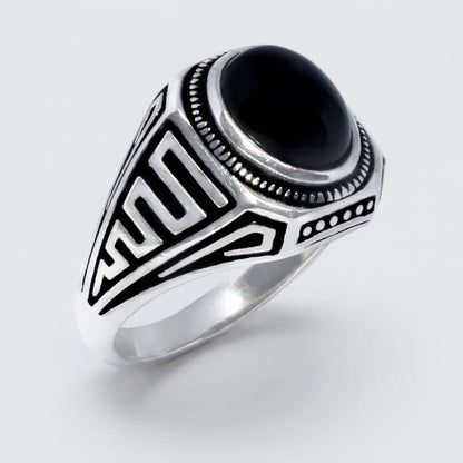 Chevalière Homme Onyx Ovale Méandre Grec Argent 925