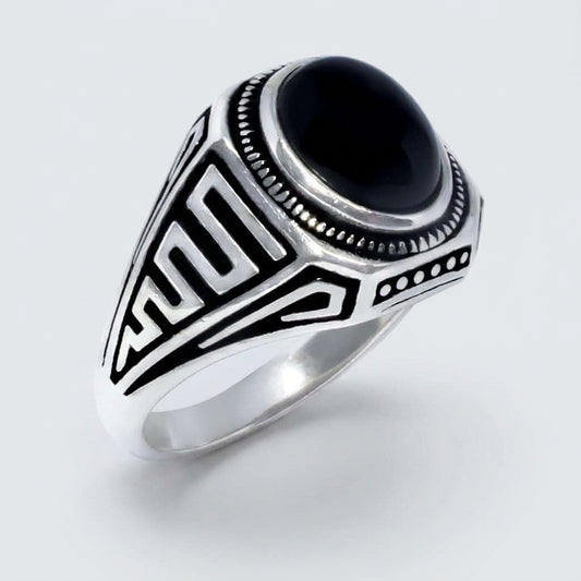 Chevalière Homme Onyx Ovale Méandre Grec Argent 925