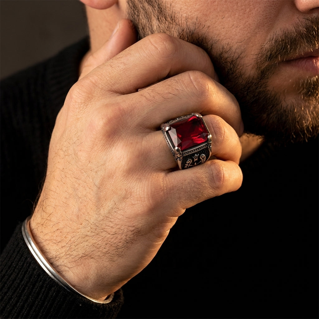Chevalière pierre rouge gothique, portée, main contre le visage