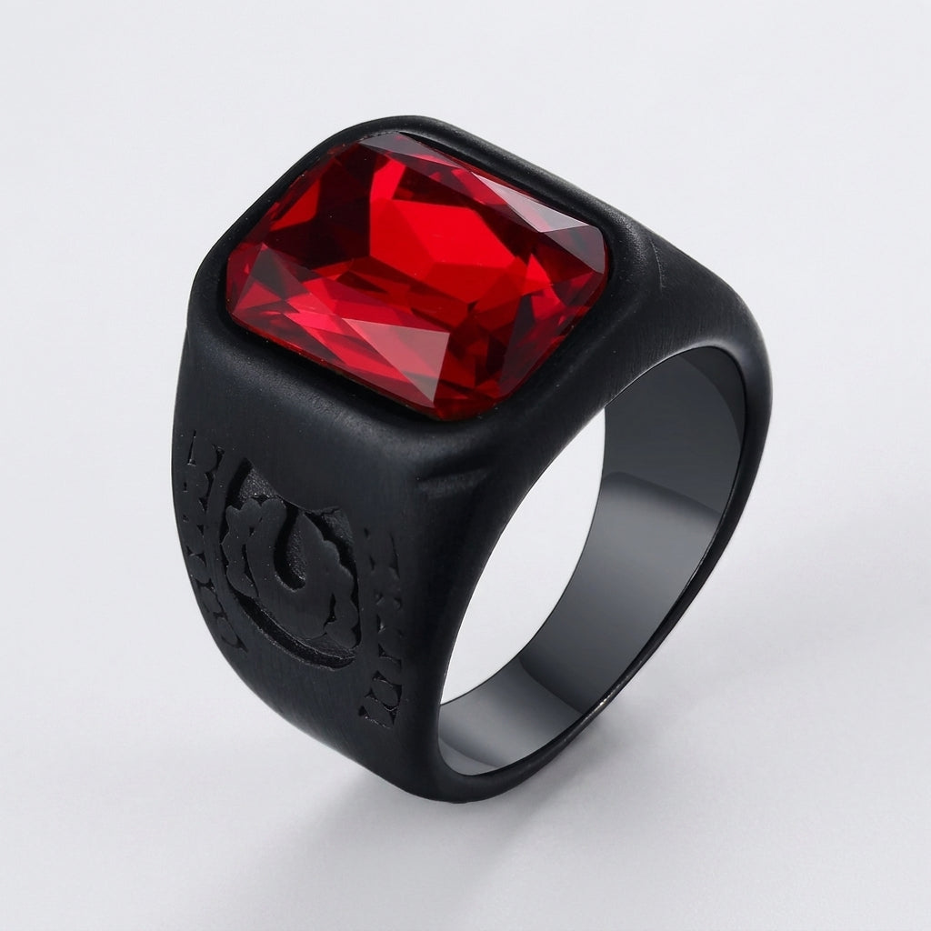 Chevalière pierre rouge noire, vue trois quarts